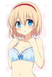 Rule 34 | 1girl, alice margatroid, bad id, bad twitter id, bare arms, bare shoulders, blonde hair, blue bra, blue eyes, blush, border, bra, breasts, cleavage, collarbone, commentary request, enushi (toho193), frilled bra, frills, hair between eyes, hairband, hands up, highres, looking at viewer, medium breasts, navel, outside border, parted lips, pink background, red hairband, short hair, solo, stomach, touhou, underwear, underwear only, upper body, white border