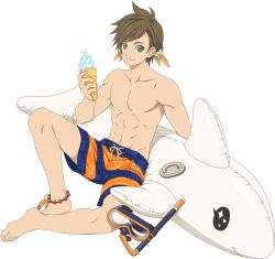Rule 34 | 1boy, artist request, barefoot, bead anklet, blue male swimwear, blue swim trunks, brown hair, diving mask, drawstring, earrings, feather earrings, feathers, feet, fingernails, floral print, food, goggles, green eyes, hibiscus print, highres, ice cream, ice cream cone, jewelry, legs, looking at viewer, male focus, male swimwear, official art, orange feathers, orange male swimwear, orange swim trunks, print male swimwear, print swim trunks, print swimsuit, smile, snorkel, sorey (sea venturer) (tales), sorey (tales), striped, striped male swimwear, striped swim trunks, stuffed animal, stuffed toy, swim trunks, swimsuit, tales of (series), tales of asteria, tales of zestiria, toenails, toes, topless male, transparent background