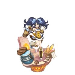 Rule 34 | bike shorts, black hair, boots, bucket, dragalia lost, fang, fire, full body, furnace, gem, gloves, hair ornament, long hair, miniskirt, non-web source, official art, open hand, open mouth, overflowing, renee (dragalia lost), ripples, saitou naoki, skirt, transparent background, two side up, water, yellow eyes