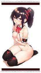 Rule 34 | 1girl, arm under breasts, black hair, black thighhighs, bow, bowtie, braid, breasts, detached collar, high ponytail, highres, legs together, looking at viewer, medium breasts, nipple piercing, nipples, nise (basilsis), no shoes, nude, open mouth, original, piercing, ponytail, ribbon, seiza, short ponytail, simple background, sitting, small nipples, solo, thighhighs, white background