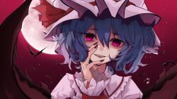 Rule 34 | 1girl, absurdres, artist name, bat (animal), bat wings, blue hair, collared shirt, commentary, fangs, fingernails, frilled shirt collar, frills, full moon, hair between eyes, hand on own chest, hand up, hat, hat ribbon, highres, hisaeki, lips, long sleeves, looking at viewer, mob cap, moon, nail polish, parted lips, pink eyes, portrait, red nails, red ribbon, remilia scarlet, ribbon, shirt, short hair, sky, smile, solo, star (sky), starry sky, teeth, touhou, upper teeth only, white hat, white shirt, wings