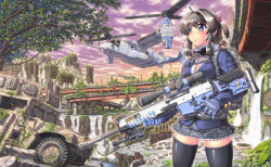 Rule 34 | 1girl, ahoge, aircraft, assault rifle, backpack, bag, black hair, black thighhighs, blue eyes, breasts, building, cleavage, cloud, cloudy sky, flat tire, fn scar, goggles, goggles around neck, gun, hase yu, humvee, medium breasts, military, motor vehicle, muzzle device, original, pleated skirt, rifle, ruins, school uniform, scope, short hair, skirt, sky, solo, thighhighs, tiltrotor, trigger discipline, twilight, weapon, xv-15, zettai ryouiki