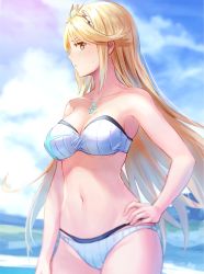 Rule 34 | 1girl, absurdres, anbe yoshirou, beach, bikini, blonde hair, blurry, breasts, cleavage, cloud, depth of field, female focus, gem, hair ornament, hand on own hip, headpiece, highres, jewelry, large breasts, long hair, looking at viewer, matching hair/eyes, mythra (xenoblade), navel, nintendo, ocean, sky, solo, standing, staring, strapless, strapless bikini, swimsuit, thighs, tiara, tsundere, underboob, very long hair, white bikini, xenoblade chronicles (series), xenoblade chronicles 2, yellow eyes
