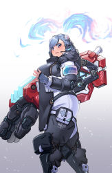 Rule 34 | 1girl, absurdres, animal ears, armor, blue hair, feet out of frame, fingerless gloves, gloves, gradient background, highres, long hair, long sleeves, looking at viewer, looking to the side, microphone, no nose, open mouth, power gloves, prosthesis, prosthetic leg, shadow, solo, standing, tajyador, thick thighs, thighs