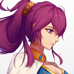 Rule 34 | 1girl, blue eyes, breasts, cleavage, dungeon and fighter, earrings, hair between eyes, hair ornament, high ponytail, jewelry, long hair, medium breasts, portrait, purple hair, simple background, solo, white background, yuuta (806350354)