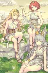 Rule 34 | 3girls, alternate costume, ancient greek clothes, animal ears, blonde hair, breasts, facial mark, gofelem, greco-roman clothes, large breasts, long hair, low twintails, multiple girls, mythra (xenoblade), nia (blade) (xenoblade), nia (xenoblade), pyra (xenoblade), red eyes, red hair, short hair, silver hair, small breasts, spoilers, swept bangs, tiara, twintails, very long hair, xenoblade chronicles (series), xenoblade chronicles 2, yellow eyes