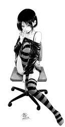 Rule 34 | 1girl, bare shoulders, biting, breasts, chair, cleavage, ear piercing, full body, greyscale, hair ornament, hairclip, hamao, highres, jewelry, knee up, looking at viewer, mole, mole under mouth, monochrome, nail biting, no shoes, off-shoulder shirt, off shoulder, office chair, original, parted lips, piercing, ring, shirt, short hair, short shorts, shorts, simple background, sitting, small breasts, solo, striped clothes, striped thighhighs, swivel chair, thighhighs, white background