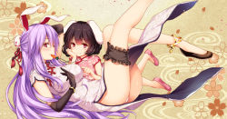 Rule 34 | 2girls, alternate costume, animal ears, anklet, ass, bare legs, black footwear, black gloves, black hair, breast poke, breasts, bridal garter, bun cover, carrot necklace, china dress, chinese clothes, closed mouth, dress, elbow gloves, floral background, flower, frills, gloves, hair bun, hair flower, hair ornament, hand on own cheek, hand on own face, inaba tewi, jewelry, large breasts, legs up, long hair, looking at viewer, lying, monety, mouth hold, multiple girls, necklace, no legwear, no socks, on back, panties, pantyshot, pelvic curtain, pendant, pink dress, pink footwear, poking, purple hair, rabbit ears, red eyes, reisen udongein inaba, shoes, short hair, short sleeves, single hair bun, smile, tassel, thighs, touhou, underwear, very long hair, white dress, white panties