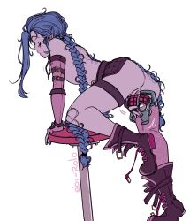 Rule 34 | 1girl, absurdres, ass, ass tattoo, bandaid, bandaid on knee, bandaid on leg, bare shoulders, belt, blue hair, braid, brown belt, brown footwear, chair, cloud tattoo, elbow gloves, explosive, female masturbation, fingerless gloves, from side, gloves, grenade, highres, holding, holding grenade, jinx (league of legends), knee up, league of legends, long hair, masturbation, nail polish, pink gloves, pink thighhighs, pussy, rolo&#039;s art, shoes, single thighhigh, solo, stomach tattoo, tattoo, thighhighs, twin braids, twintails