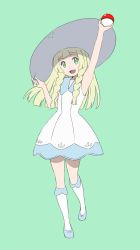 Rule 34 | 1girl, :d, armpits, artist request, blonde hair, braid, creatures (company), dress, game freak, green background, green eyes, hat, highres, holding, holding poke ball, kneehighs, lillie (pokemon), long hair, nintendo, open mouth, poke ball, pokemon, pokemon sm, side braid, simple background, smile, socks, solo, source request, third-party source, twin braids, white dress, white hat, white socks