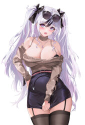 Rule 34 | 1girl, absurdres, ano (madoka23), azur lane, bare shoulders, black bracelet, blue eyes, blush, bra, bra peek, breasts, cleavage, contrapposto, elbe (azur lane), elbe (pure-hearted bad girl) (azur lane), eyewear on head, garter straps, grey hair, highres, large breasts, long hair, looking at viewer, off-shoulder sweater, off shoulder, open mouth, pencil skirt, simple background, skirt, skirt tug, solo, sunglasses, sweater, thighhighs, twintails, underwear, very long hair, white background, zettai ryouiki