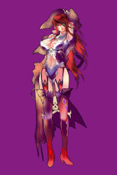 Rule 34 | 1girl, arm up, armpits, boots, breasts, chain, cleavage, eyepatch, garter straps, hat, lace, large breasts, long hair, looking at viewer, navel, original, pink eyes, pirate, pirate hat, purple background, q azieru, red hair, revealing clothes, simple background, skull and crossbones, solo, sword, thigh boots, thighhighs, weapon