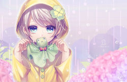 Rule 34 | 1girl, :x, bow, clover, clover hair ornament, covered mouth, english text, flower, four-leaf clover, hair ornament, holding, hood, hydrangea, kamui natsuki, looking at viewer, original, outdoors, rain, raincoat, red bow, silver hair, solo, stuffed animal, stuffed frog, stuffed toy, swept bangs, teruterubouzu, text focus, upper body, water drop, wet, wet hair