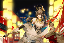 Rule 34 | 2girls, architecture, brown hair, building, character request, closed mouth, detached sleeves, east asian architecture, facial mark, forehead mark, glowing, hair bun, hair ornament, highres, holding, holding brush, holding hands, lantern, long hair, multiple girls, night, shanguang wan&#039;er (wangzhe rongyao), upper body, wangzhe rongyao, yanzhi bai