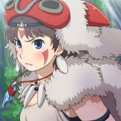 Rule 34 | 1girl, bare arms, blue eyes, brown hair, closed mouth, commentary request, earrings, facepaint, facial mark, fur, headband, jewelry, mask, mononoke hime, necklace, san (mononoke hime), short hair, solo, studio ghibli, tooth necklace, yazwo