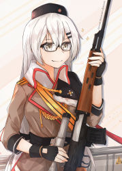 Rule 34 | 1girl, absurdres, assault rifle, black gloves, black headwear, brown jacket, closed mouth, commentary, commentary request, dragunov svd, girls&#039; frontline, glasses, gloves, grey eyes, grey hair, gun, highres, holding, holding weapon, jacket, long hair, looking away, muteppona hito, partially fingerless gloves, red star, rifle, russian text, scope, simple background, smile, sniper rifle, solo, star (symbol), svd (girls&#039; frontline), uniform, weapon, weapon case