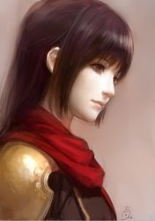 Rule 34 | 1girl, artist name, ask (askzy), brown background, brown eyes, brown hair, deuce (fft-0), final fantasy, final fantasy type-0, hime cut, long hair, portrait, realistic, scarf, solo