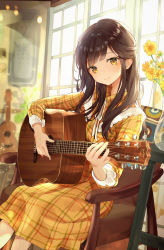 Rule 34 | 1girl, absurdres, acoustic guitar, backlighting, blurry, brown eyes, brown hair, chair, closed mouth, day, depth of field, dress, flower, guitar, highres, hor, indoors, instrument, long hair, long sleeves, looking at viewer, music, original, plaid, playing instrument, sidelocks, sitting, smile, solo, sunlight, vase, window, wing collar, yellow dress, yellow flower
