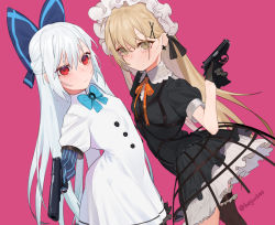 Rule 34 | 2girls, asymmetrical legwear, bad id, bad twitter id, beijuu, black dress, black footwear, black gloves, bow, brown eyes, closed mouth, commentary, commentary request, dress, frilled hairband, frills, girls&#039; frontline, gloves, gun, hair bow, hairband, holding, holding gun, holding weapon, hoop skirt, light brown hair, long hair, mismatched legwear, multiple girls, pantyhose, partial commentary, pink background, ppk (girls&#039; frontline), red eyes, short sleeves, silver hair, simple background, single thighhigh, standing, thighhighs, tokarev (girls&#039; frontline), weapon, white dress