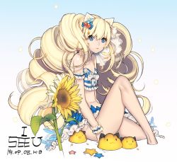 Rule 34 | 1girl, animal ears, arm garter, bad id, bad pixiv id, bikini, blonde hair, breasts, cat ears, character name, cleavage, creature, dated, drill hair, flower, from side, fungus (vocaloid), honey bee (bancoth), light smile, long hair, looking at viewer, navel, revision, seeu, sitting, small breasts, sunflower, swimsuit, very long hair, vocaloid