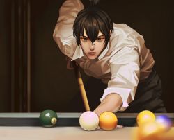 Rule 34 | 1boy, ball, black hair, blue eyes, chainsaw man, closed mouth, dark background, eyelashes, facing viewer, hair between eyes, hayakawa aki, highres, indoors, leaning forward, looking up, male focus, pool table, shirt, short hair, simple background, snowberryaki, solo, standing, table, white shirt