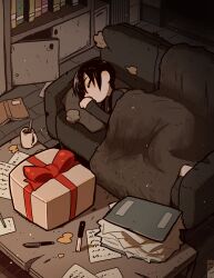 Rule 34 | 1girl, black hair, black shirt, blanket, book, bookshelf, box, christmas, closed eyes, commentary request, couch, cup, damaged, from above, gift, gift box, highres, indoors, knife, long hair, long sleeves, lying, mug, on couch, on side, original, paper, pen, pillow, planted, planted knife, planted weapon, shirt, sleeping, solo, table, takurada, weapon