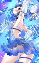 1girl animal_ears bare_shoulders blue_eyes blue_hair breasts cat_ears detached_sleeves duel_monster looking_back ni-ni_the_mirror_mikanko see-through_clothes see-through_skirt short_hair skirt solo thigh_strap ya-man yu-gi-oh!