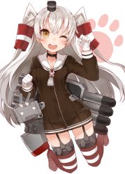 Rule 34 | 10s, 1girl, amatsukaze (kancolle), bad id, bad twitter id, brown eyes, collarbone, dress, garter straps, gloves, hair tubes, kantai collection, kou mashiro, long hair, long sleeves, looking at viewer, one eye closed, open mouth, paw pose, paw print, rensouhou-kun, sailor dress, silver hair, striped clothes, striped thighhighs, thighhighs, torpedo, two side up, white gloves