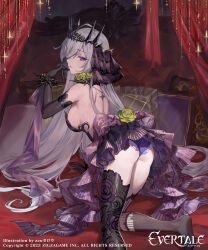Rule 34 | 1girl, absurdres, azu-taro, backless outfit, black gloves, black thighhighs, breasts, character request, crown, elbow gloves, evertale, flower, gloves, grey hair, hair ornament, hair over one eye, highres, large breasts, long hair, looking at viewer, on bed, original, panties, purple eyes, purple panties, revealing clothes, solo, thighhighs, thorns, underwear, yellow flower