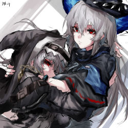 Rule 34 | 2girls, absurdres, arknights, black capelet, black headwear, bracelet, capelet, closed mouth, grey background, grey hair, habit, hat, highres, hug, infection monitor (arknights), jewelry, long hair, long sleeves, looking at viewer, multiple girls, nun, red eyes, skadi (arknights), specter (arknights), two-tone background, upper body, white background, yuukiey