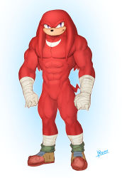 Rule 34 | 1boy, abs, bandages, colored skin, furry, gloves, highres, knuckles the echidna, male focus, muscular, muscular arms, muscular legs, muscular male, pectorals, purple eyes, red skin, shoes, smile, solo, sonic (series), tail