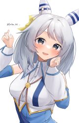 Rule 34 | 1girl, absurdres, animal ears, bare shoulders, breasts, clenched hand, collared shirt, commentary, commentary request, detached sleeves, ear covers, ear ornament, gradient background, grey eyes, grey hair, highres, hishi miracle (umamusume), horse ears, horse girl, long sleeves, looking at viewer, lryutanl, medium breasts, medium hair, puffy sleeves, shirt, smile, solo, twitter username, umamusume, upper body