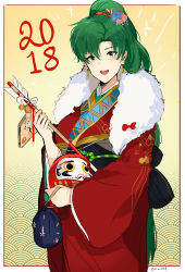 Rule 34 | 1girl, 2018, absurdres, blush, fire emblem, fire emblem: the blazing blade, fire emblem heroes, green eyes, green hair, hatsumoude, high ponytail, highres, japanese clothes, kimono, long hair, looking at viewer, lyn (fire emblem), new year, nintendo, ormille, ponytail, smile, solo