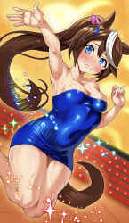 Rule 34 | 1girl, absurdres, alternate costume, animal ears, arm up, armpits, bare shoulders, blue dress, blue eyes, blush, bodycon, bow, breasts, brown hair, clenched hand, clenched teeth, commentary request, dress, ear ornament, embarrassed, feet out of frame, hair between eyes, highres, horse ears, horse girl, horse tail, long hair, looking at viewer, midair, multicolored hair, neokinayo, pink bow, ponytail, shirt, sleeveless, sleeveless shirt, small breasts, solo, streaked hair, sweat, tail, teeth, thighs, tokai teio (umamusume), umamusume, umayuru, white hair