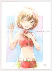 Rule 34 | 1girl, belt, brown eyes, brown hair, character name, commentary, crop top, epoxy putty, hand on own chest, hand up, jacket, looking at viewer, meiko (vocaloid), midriff, navel, one eye closed, open mouth, painting (medium), red jacket, red skirt, sakine meiko, skirt, smile, solo, stomach, traditional media, upper body, vocaloid, watercolor (medium), waving
