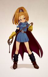 Rule 34 | 1girl, barbara (dq6), belt, black eyes, black footwear, blue dress, boots, cape, dragon quest, dragon quest vi, dress, earrings, full body, gloves, gradient background, high ponytail, highres, holding, holding whip, jewelry, kunitarou-art, shadow, smile, solo, standing, whip, yellow gloves
