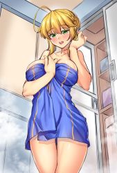 Rule 34 | 1girl, ahoge, artoria pendragon (fate), artoria pendragon (lancer) (fate), bare arms, bare legs, bare shoulders, bathroom, blonde hair, blue towel, blush, braid, breasts, collarbone, commentary request, covering privates, cowboy shot, fate/grand order, fate (series), female focus, french braid, from below, gluteal fold, green eyes, hair between eyes, highres, impossible towel, indoors, large breasts, long hair, looking at viewer, naked towel, nude cover, open mouth, shirokuma a, shower (place), sidelocks, sketch, solo, standing, steam, swept bangs, thighs, towel, type-moon