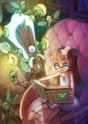 Rule 34 | 4girls, :3, absurdres, animal, animal on head, blue eyes, book, cat, cat on head, fairy, fang, glasses, highres, hjz (artemi), holding, holding book, multiple girls, on head, open book, original, reading, sitting, size difference
