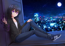 Rule 34 | 1girl, :d, black hair, black jacket, blurry, bokeh, city lights, cityscape, collarbone, denim, depth of field, flat chest, from side, full body, full moon, grin, hand on own knee, hand up, jacket, jeans, kazenokaze, long sleeves, looking at viewer, looking to the side, magic, moon, night, night sky, open mouth, original, outdoors, pants, parted lips, purple eyes, shirt, shoes, shooting star, short hair, sitting, sky, smile, sneakers, solo, star (sky), starry sky, white shirt, zipper