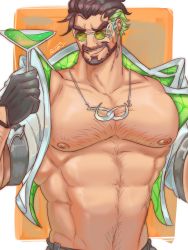 Rule 34 | 1boy, abs, absurdres, alternate pectoral size, bara, bare pectorals, beard, brown hair, chest hair, cropped jacket, cup, draven, drinking glass, facial hair, grin, highres, jacket, large pectorals, league of legends, male focus, mature male, muscular, muscular male, navel, navel hair, nipples, official alternate costume, open clothes, open jacket, pectorals, quietscrappy, short hair, smile, solo, stomach, upper body, wine glass