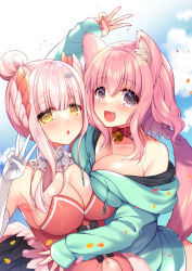 Rule 34 | 2girls, :d, animal ear fluff, animal ears, arm up, asymmetrical docking, bare shoulders, bell, black bow, blue hoodie, blue sky, blush, bow, breast press, breasts, chestnut mouth, cleavage, clothing cutout, cloud, collarbone, commentary request, day, detached collar, dog ears, dog girl, dog tail, dress, elbow gloves, fang, fingernails, gloves, grey eyes, hair between eyes, hair bun, hair ornament, head wings, highres, hood, hood down, hoodie, jingle bell, long fingernails, long hair, long sleeves, low wings, medium breasts, motion blur, multiple girls, navel, navel cutout, neck bell, no pants, open mouth, original, outdoors, parted lips, pink hair, red dress, ringo sui, sidelocks, single hair bun, sky, sleeves past wrists, smile, strapless, strapless dress, tail, w, white gloves, wings, yellow eyes