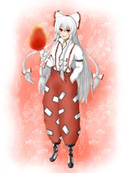 Rule 34 | 1girl, baggy pants, boots, cross-laced footwear, female focus, fire, fujiwara no mokou, full body, gradient background, hair ribbon, highres, lace-up boots, long hair, luru (lesena), pants, red eyes, ribbon, silver hair, solo, suspenders, touhou, very long hair