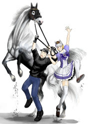 Rule 34 | 1boy, 1girl, absurdres, animal ears, baseball cap, black shirt, blunt bangs, bow, bowtie, bridle, closed eyes, commentary request, creature and personification, ear bow, frilled skirt, frills, gold ship (racehorse), gold ship (umamusume), grey hair, hat, headgear, highres, holding, holding reins, hood, horse ears, horse girl, horse tail, horseshoe ornament, imanami takatoshi, iwasaki tadakaze, loafers, old, old man, pillbox hat, pleated skirt, puffy short sleeves, puffy sleeves, purple bow, purple bowtie, purple eyes, purple shirt, real life, rearing, reins, sailor collar, sailor shirt, school uniform, shirt, shoes, short sleeves, skirt, summer uniform, sweatdrop, tail, thighhighs, tracen school uniform, umamusume, white background, white sailor collar, white skirt, white thighhighs