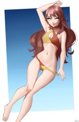 Rule 34 | 1girl, absurdres, alternate costume, arm up, armpits, artist name, barefoot, bikini, bikini pull, blue background, border, breasts, brown bikini, brown hair, closed mouth, clothes pull, collarbone, commentary, feet, foot out of frame, gradient background, highres, knees together feet apart, kujikawa rise, legs, long hair, medium breasts, navel, persona, persona 4, pulling own clothes, romaji commentary, shiny skin, side-tie bikini bottom, smile, solo, swept bangs, swimsuit, thighs, toenails, toes, two-tone bikini, white border, x xith x