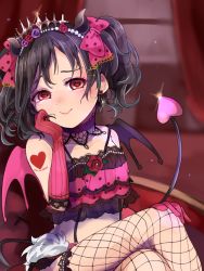 Rule 34 | 1girl, asymmetrical wings, beniko08, black hair, black wings, bow, choker, collarbone, crop top, crossed legs, demon tail, elbow gloves, fishnet legwear, fishnets, flower, gloves, hair flower, hair ornament, hand on own knee, heart, heart-shaped pupils, highres, horns, indoors, long hair, looking at viewer, love live!, love live! school idol festival, love live! school idol project, midriff, pink bow, pink wings, polka dot, polka dot bow, purple flower, red eyes, red flower, red gloves, sitting, smile, solo, stomach, striped clothes, striped gloves, symbol-shaped pupils, tail, twintails, vertical-striped clothes, vertical-striped gloves, wings, yazawa nico