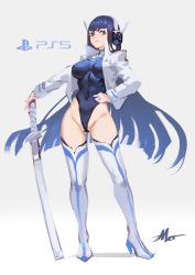 Rule 34 | 1girl, absurdres, alternate costume, black hair, black leotard, blue footwear, blue thighhighs, blunt bangs, blush, boots, breasts, brown eyes, closed mouth, commentary request, covered navel, frown, full body, game console, gluteal fold, grey background, groin, hand on own hip, headphones, high heel boots, high heels, highleg, highleg leotard, highres, holding, holding weapon, jacket, katana, kill la kill, kiryuuin satsuki, large breasts, leotard, long hair, long sleeves, looking at viewer, personification, playstation 5, signature, simple background, solo, standing, sword, thigh boots, thighhighs, very long hair, weapon, white background, white footwear, white jacket, white thighhighs, zhoumo fangjia