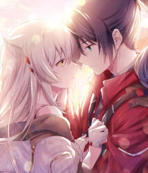 Rule 34 | 1boy, 1girl, animal ear fluff, animal ears, black hair, blue eyes, cat ears, closed mouth, commentary request, eye contact, from side, gloves, grey hair, hair between eyes, half gloves, hand on another&#039;s face, highres, jacket, long hair, looking at another, mio (xenoblade), noah (xenoblade), off shoulder, ponytail, profile, red jacket, smile, ui frara, very long hair, white gloves, white jacket, xenoblade chronicles (series), xenoblade chronicles 3, yellow eyes