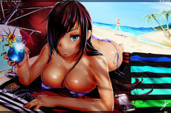 Rule 34 | 2015, 2girls, artist name, ass, bare shoulders, barefoot, beach, beach umbrella, bikini, bikini top only, blue sky, breast press, breasts, brown hair, butt crack, cable, cellphone, character name, cleavage, closed mouth, cloud, collarbone, cup, dated, day, downpants, drinking glass, drinking straw, earphones, eru-sennin, eyelashes, fingernails, groin, hair over one eye, hand up, highres, holding, holding cup, holding drinking glass, iphone, large breasts, letterboxed, lips, long fingernails, long hair, looking at viewer, lying, midriff, multiple girls, nail polish, navel, ocean, on stomach, original, outdoors, palm tree, phone, pink lips, purple bikini, purple hair, purple nails, sand, shading eyes, shadow, side-tie bikini bottom, signature, sky, smartphone, smile, splashing, standing, standing on one leg, strap gap, string bikini, striped bikini, striped bikini top, striped clothes, sunglasses, sweat, swimsuit, towel, tree, umbrella, untied bikini, water