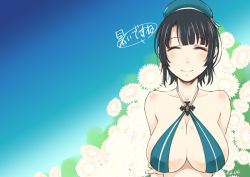 Rule 34 | 10s, 1girl, ^ ^, adapted costume, beret, black hair, blush, breasts, cleavage, closed eyes, criss-cross halter, flower, gradient background, halterneck, hat, highres, kantai collection, kuboshun, large breasts, personification, short hair, signature, smile, solo, takao (kancolle), wallpaper