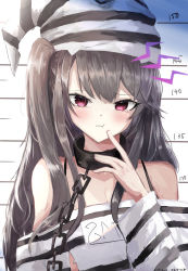 Rule 34 | 1girl, absurdres, azur lane, black hair, blush, breasts, chain, chikirea, cleavage, collar, commentary request, eyes visible through hair, head tilt, height chart, highres, huge filesize, long hair, looking at viewer, official alternate costume, one side up, pamiat merkuria (azur lane), pamiat merkuria (caged minx) (azur lane), pout, prison clothes, prisoner, purple eyes, shirt, sidelocks, solo, striped clothes, striped headwear, striped shirt